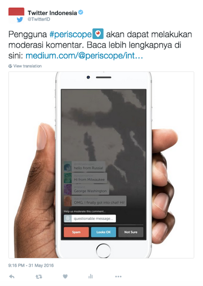 Twitter Perkenalkan Moderasi Komentar dalam Siaran Periscope