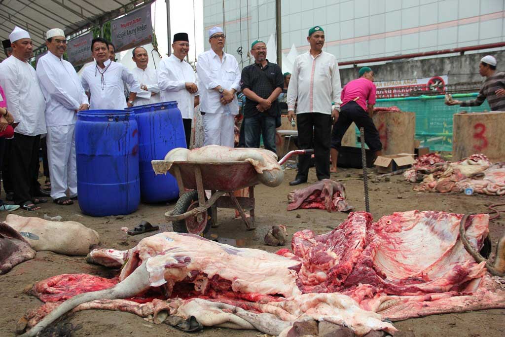 Walikota Medan Drs HT Dzulmi Eldin Sambing Mesjid Agung Saksikan Pemotongan Hewan Qurban