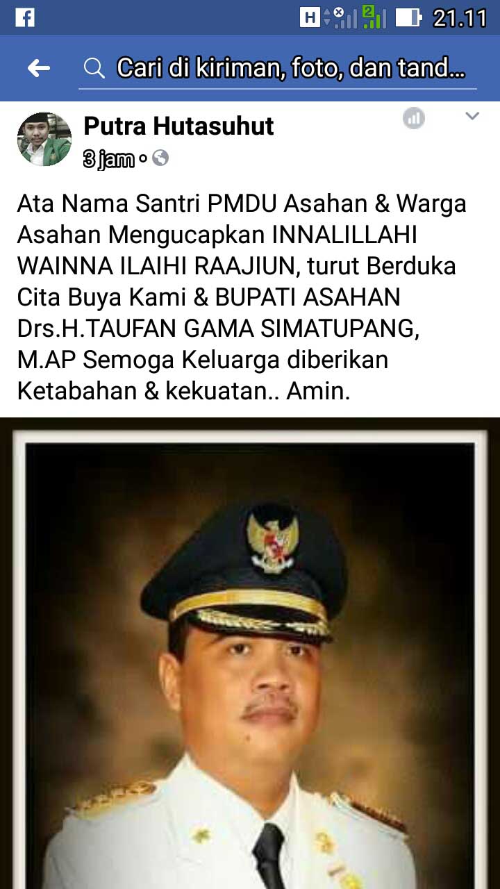 Turut Berduka Cita Kepada Bupati Asahan di Facebook Putra Hutasuhut di Bantah Kadis Kominfo