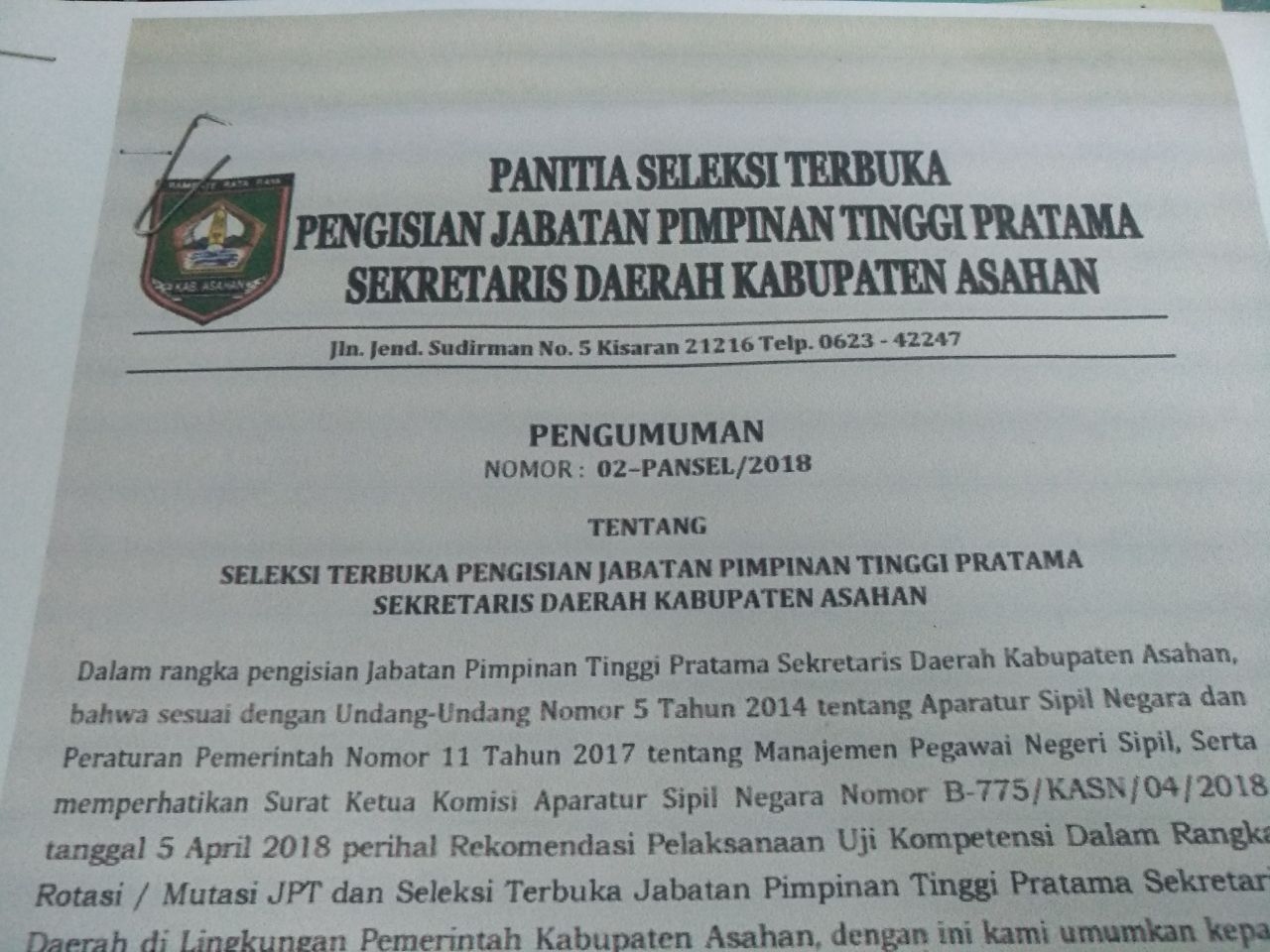 Jabatan Sekda Asahan Dilelang