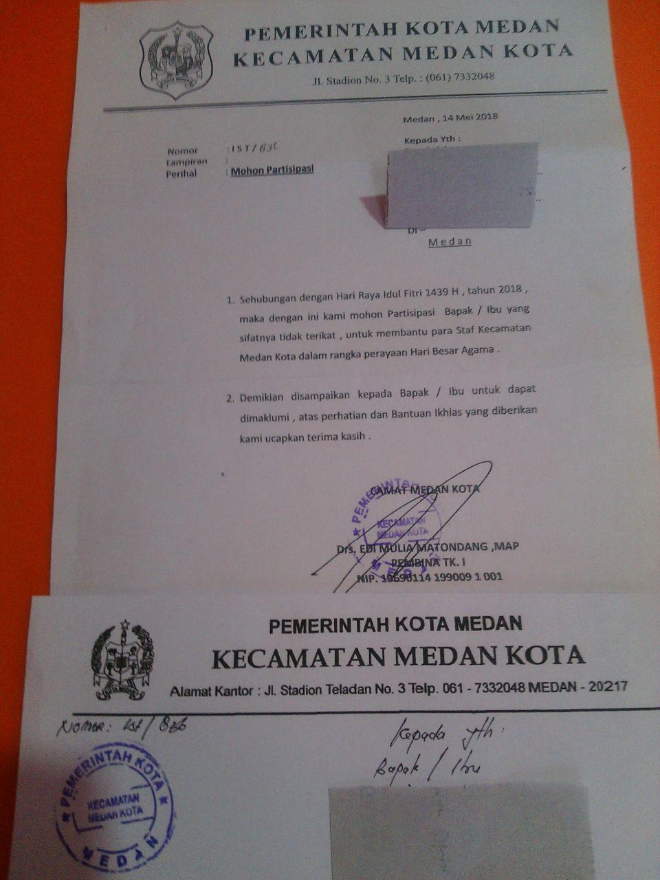 Camat Medan Kota Diduga Sebarkan Proposal Minta THR