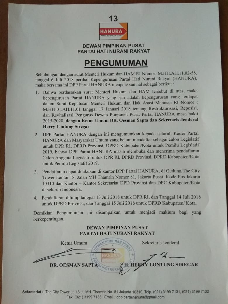 Hanura Buka Pendaftaran Caleg