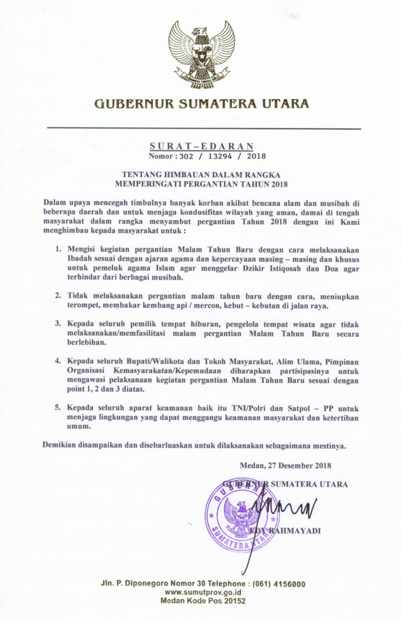 Sambut Malam Pergantian Tahun, Gubsu Minta TNI-Polri Pastikan Keamanan