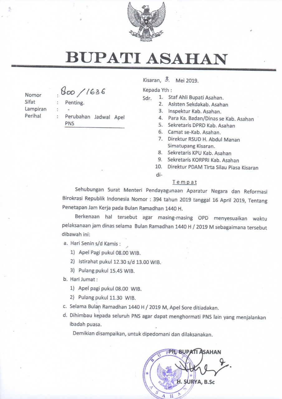 Plt Bupati Asahan Tandatangani Surat Perubahan Jadwal ASN Selama Bulan Ramadhan