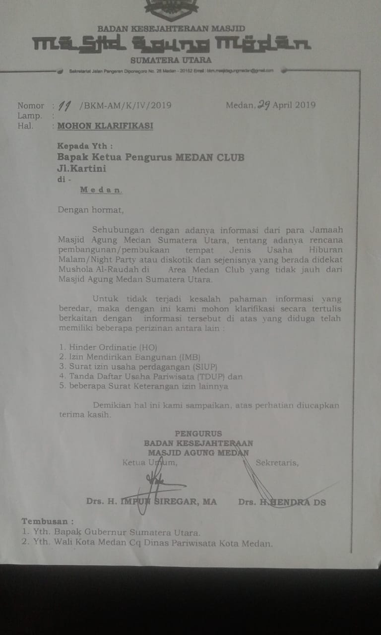 BKM Agung Medan Tolak Pembangunan Gedung Night Party di Lokasi Medan Club