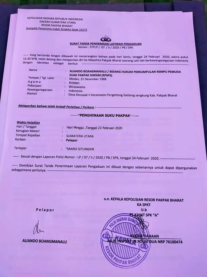 DPP RPSPS Resmi Laporkan Mardi Situngkir Penghina Suku Pakpak