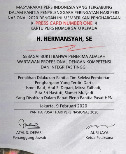 Hermansjah Suksesfull Ketua PWI Yang Dapat PCNO Pertama dari PWI Pusat