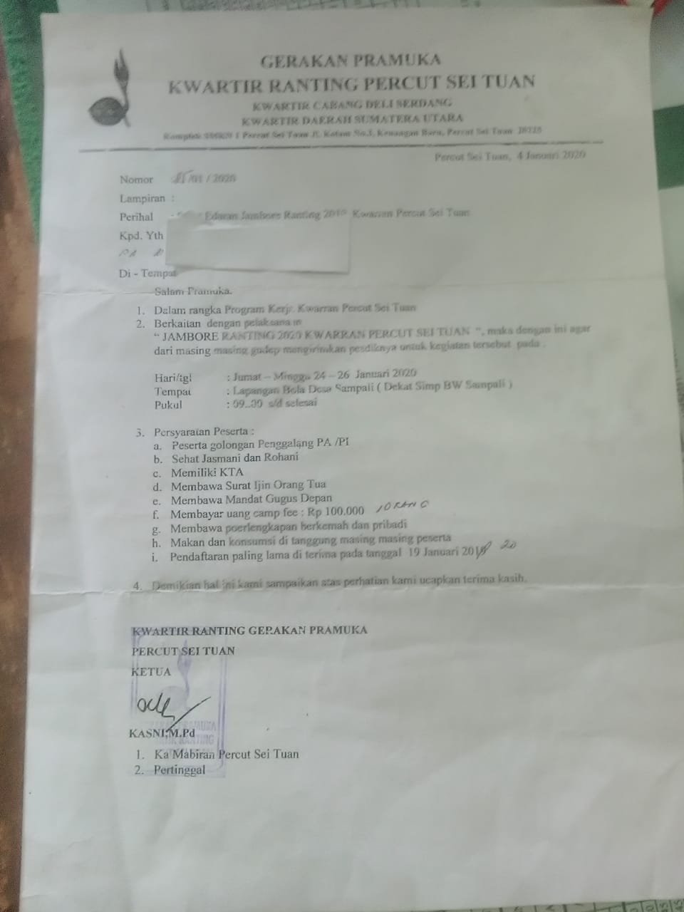 Berdalih Tidak Ada Dana, Kepsek SMKN I PS Tuan Kasni Kutip Uang Peserta Jambore