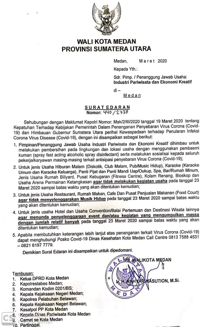 Plt Wali Kota Medan Keluarkan Surat Edaran, Mulai Malam Ini Semua Tempat Hiburan Harus Tutup