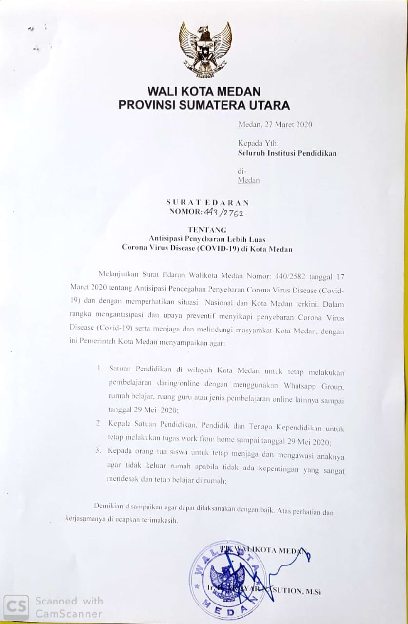 Pemko Medan Berlakukan Belajar Dirumah Hingga 29 Mei 2020 Mendatang