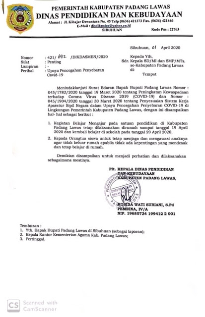 Disdikbud Palas Masa Belajar di Rumah Diperpanjang Sampai 19 April 2020 Mendatang