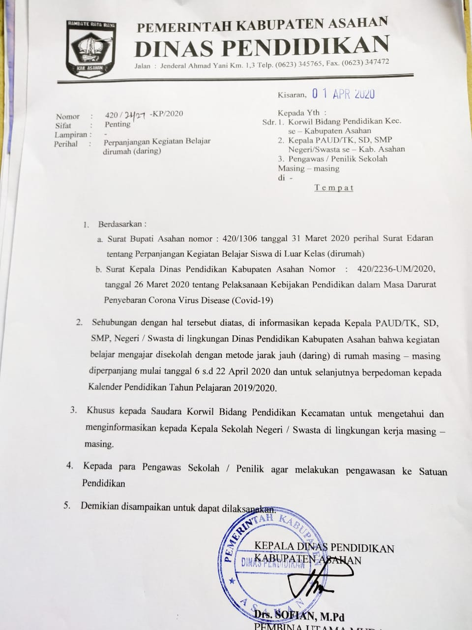 Kadisdik Asahan Perpanjang Kegiatan Belajar Dirumah Dalam Cegah Covid19