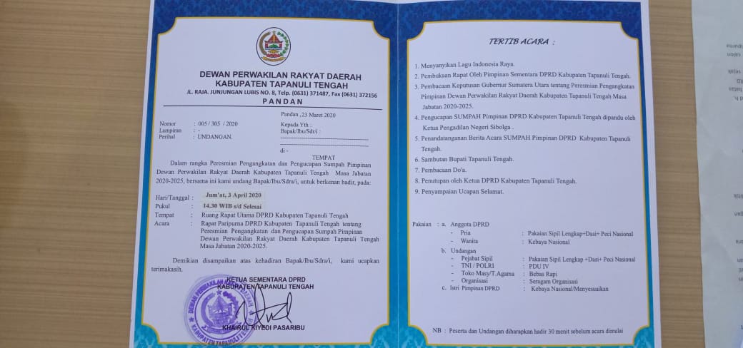 Ditengah Wabah Virus Corona, Beredar Undangan Pelantikan Pimpinan DPRD Tapteng