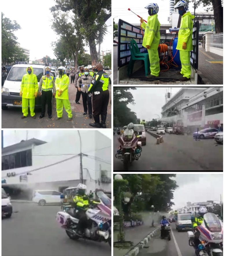 Satlantas Polrestabes Medan Semprot Disinfektan di Seputaran Lapangan Merdeka