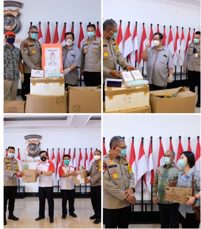 Perwakilan PT Dexa Farma, PT Musimas dan Bamkom Sriti Bantu Alkes dan Masker ke Polda Sumut