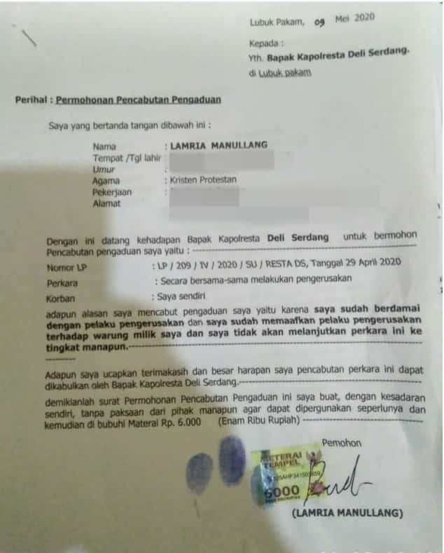 Lamria Manullang Cabut Laporan pengaduan Ke Polresta Deli Serdang