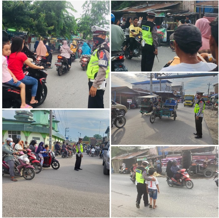 Jelang Berbuka Puasa, Sat Lantas Polres Tanjung Balai Giat Pengamanan di Pasar Tumpah