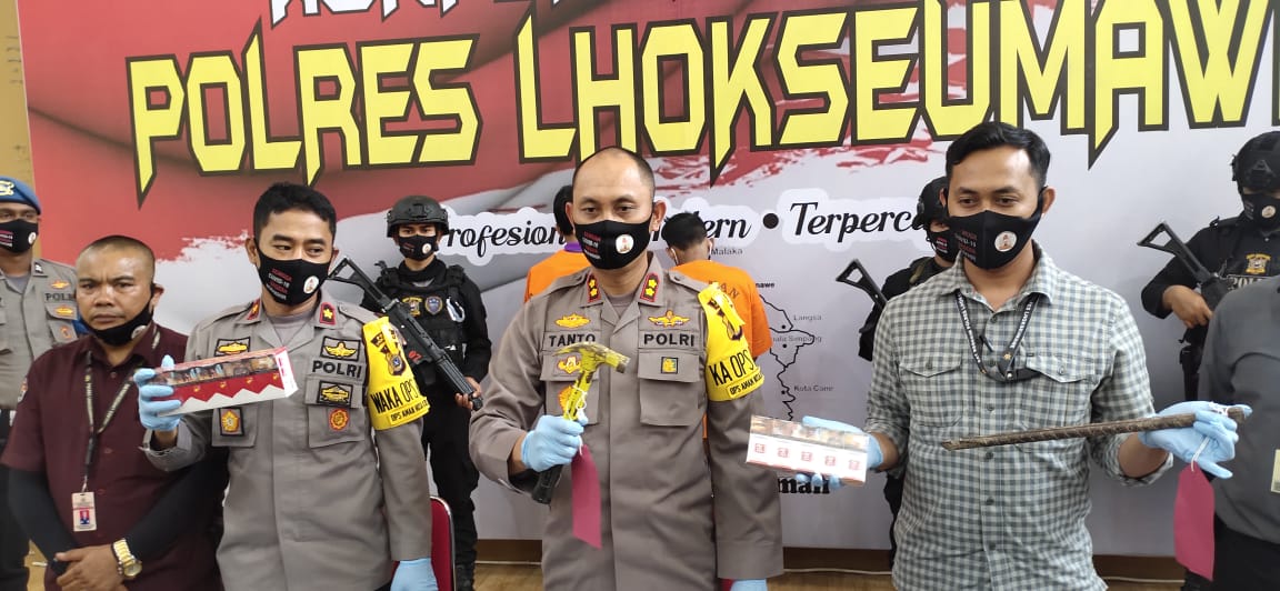 Kapolres Lhokseumawe AKBP Eko Hartanto Paparkan Kasus Pencurian Warung Jln Medan-Banda Aceh