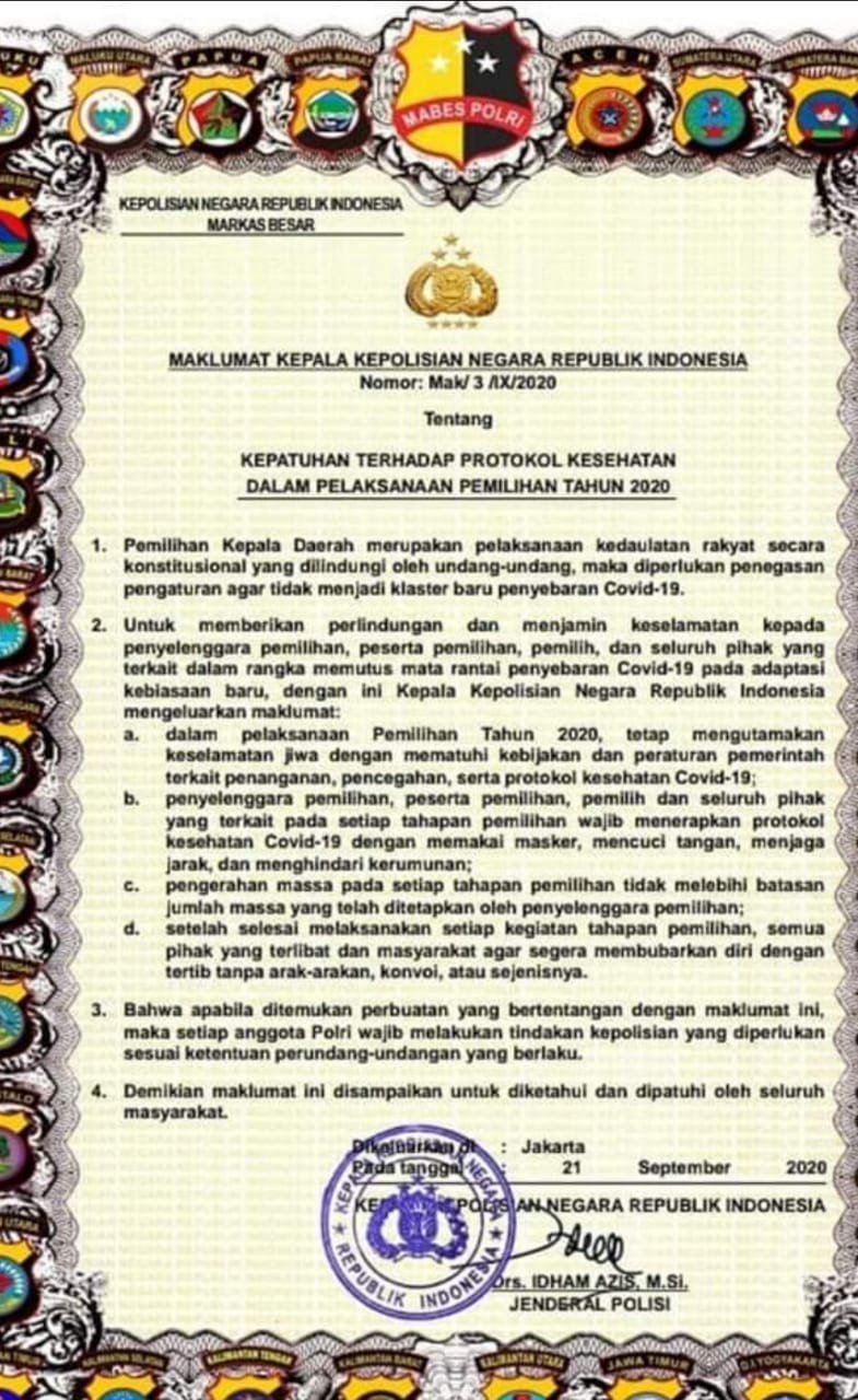 Kapolri Idham Aziz Keluarkan Maklumat Terkait Pilkada Tahun 2020