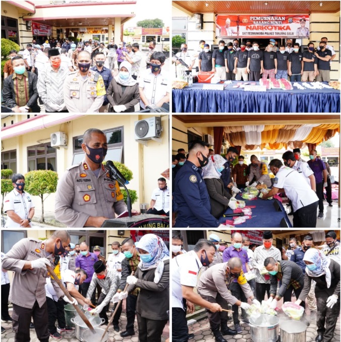 Polres Tanjung Balai Musnahkan Barang Bukti Narkotika dari 8 Tersangka, Shabu 6,029,96 Gram dan 43 Butir Pil Exktasi di Rebus dengan Air Panas Mendidih