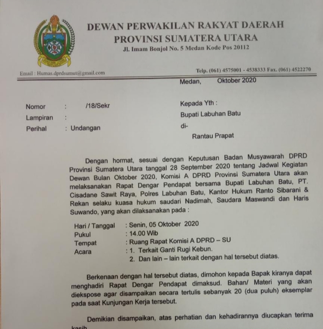 Soal Ganti Rugi Kebun, Bupati Labuhan Batu Akan Diundang DPRD Sumut Untuk RDP