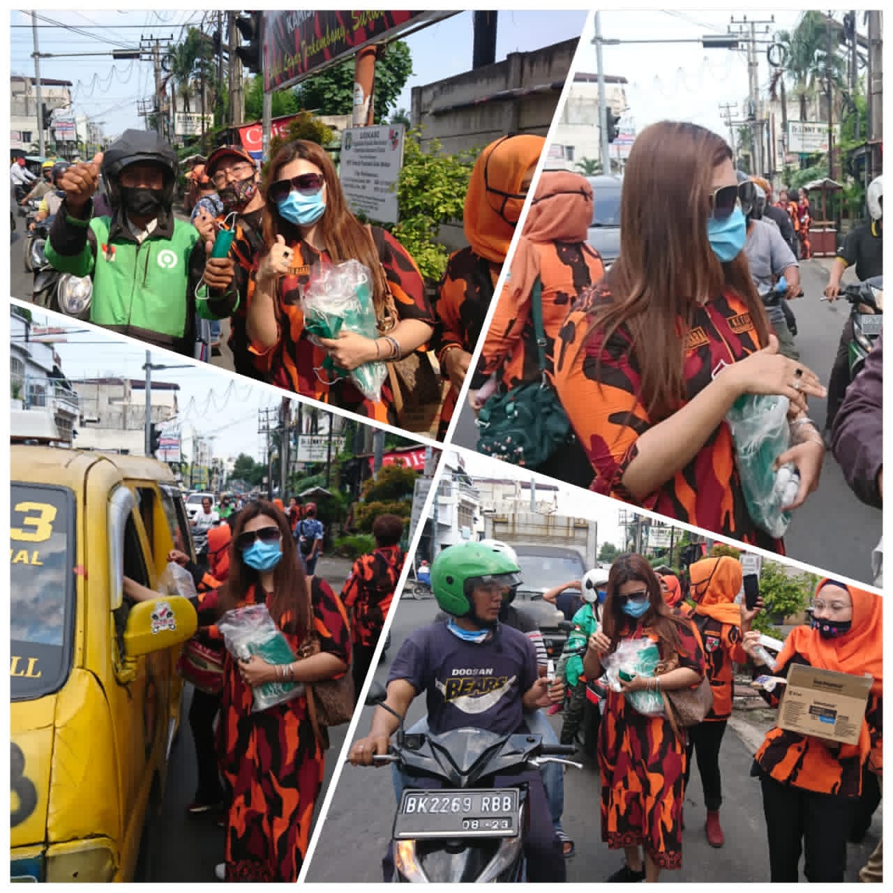 Srikandi PP Kota Medan Bagikan Masker dan Hand Sanitizer Kepada Penumpang Angkot, Gojek dan Abang Becak