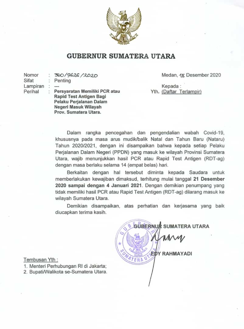 Masuk Sumut Wajib Bawa Hasil Rapid Test Antigen atau PCR, Mulai Hari Ini
