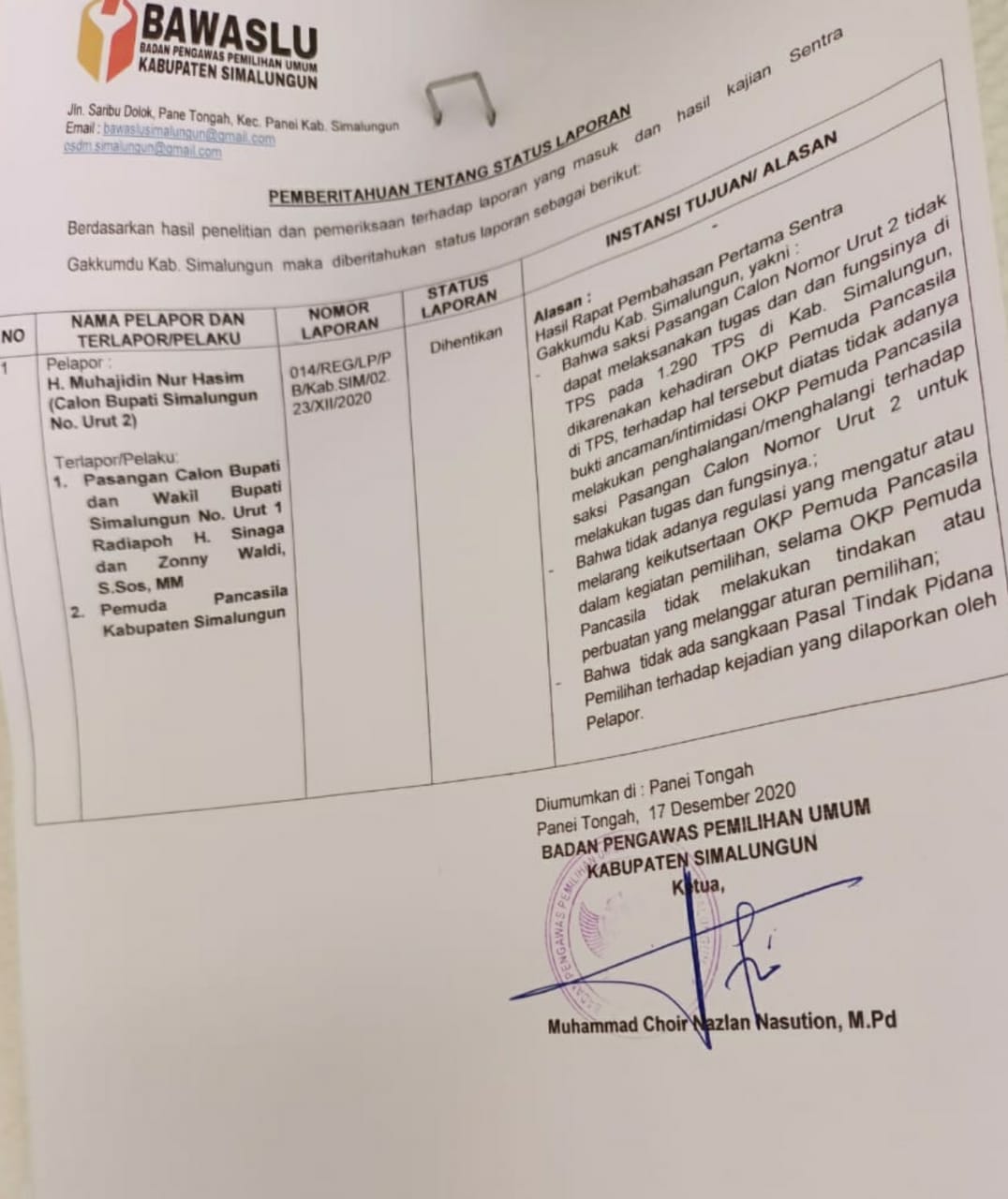 Laporan Paslon No 2 Pilkada Simalungun Dihentikan Bawaslu, Tidak Penuhi Unsur Pidana
