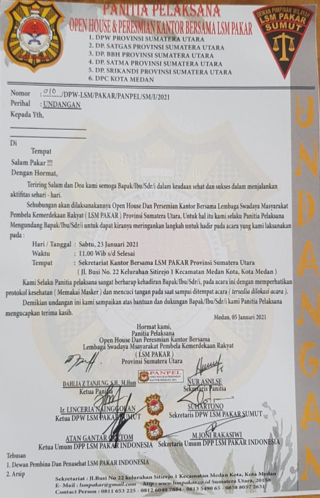 Ketum DPP LSM PAKAR Akan Hadiri Open House Sekaligus Peresmian Sekretariat Bersama LSM PAKAR Prov. Sumut