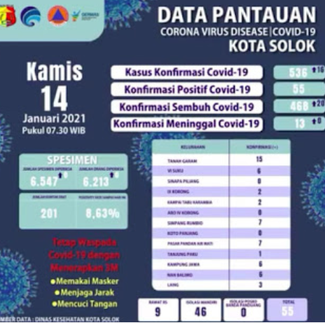 Data pasien sembuh terkonfirmasi positif covid -19  di Kota Solok tanggal 13 Januari 2021 sebanyak 20 orang