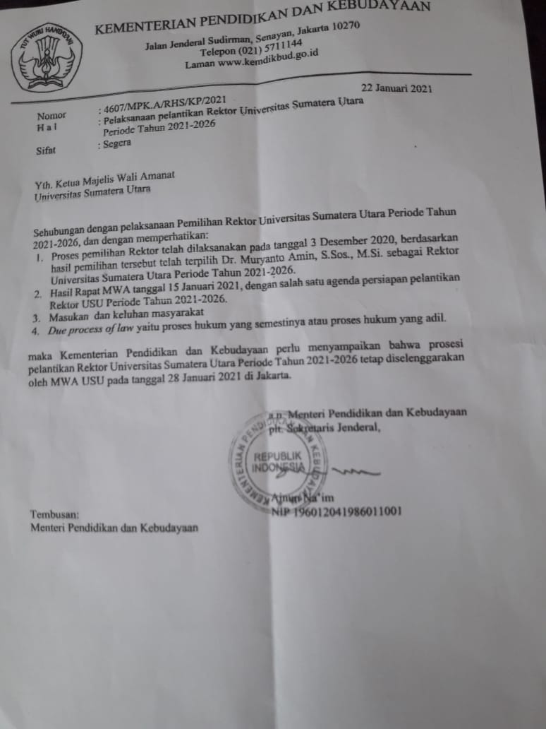 Surat  Kemendikbud Beredar Lewat WhatsApp:  Rektor Terpilih USU Dr Muryanto Amin , Tetap Dilantik di Jakarta 28 Januari 2021