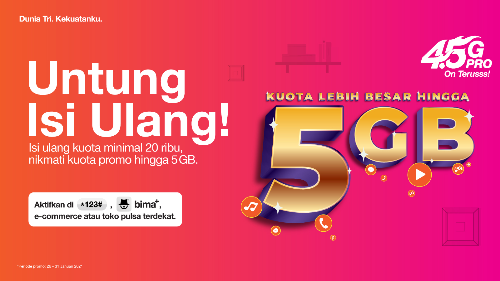 3 Indonesia Beri Tambahan Kuota hingga 5GB Setiap Isi Ulang Kuota