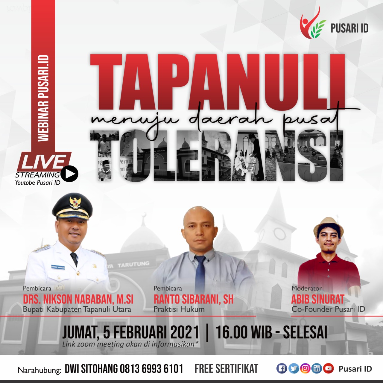 Besok, PUSARI Gelar Webinar Tapanuli Menuju Daerah Pusat Toleransi