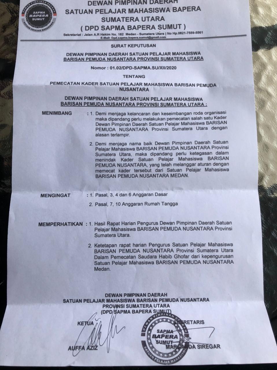 Terkait Tawuran, Ketua DPD Sapma Bapera Sumut Pecat Habib Ghofar dari Pengurus Medan