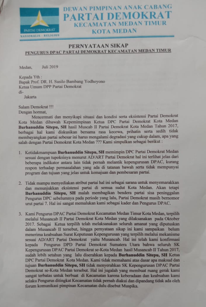 Ini 15 PAC Partai Demokrat Pernah Buat Mosi Tidak Percaya Kepada Burhanuddin Sitepu