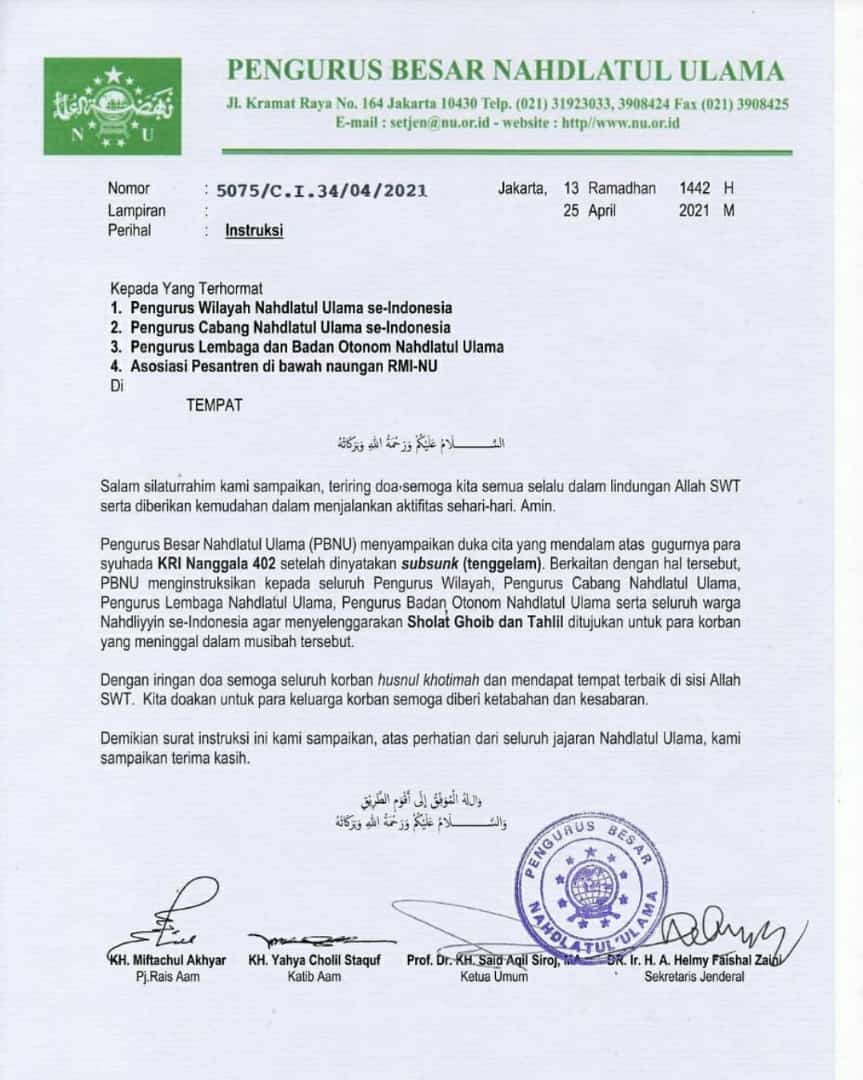 Untuk Para Korban Kapal Nenggala 402, PBNU Instruksikan Warga Nahdliyin Sholat Ghoib dan Tahlilan
