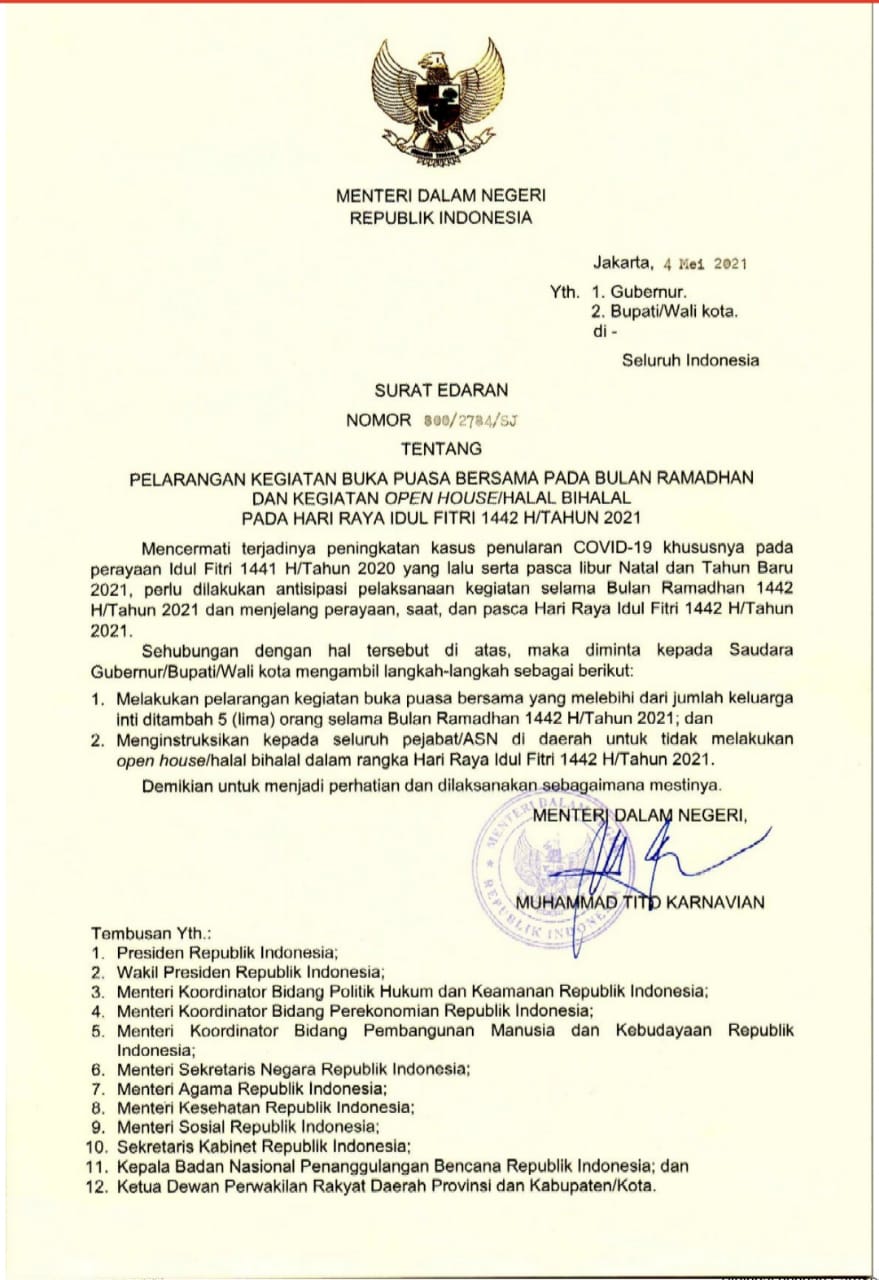 Mendagri Tito Terbitkan Surat Edaran Larangan Buka Bersama dan Halal Bihalal