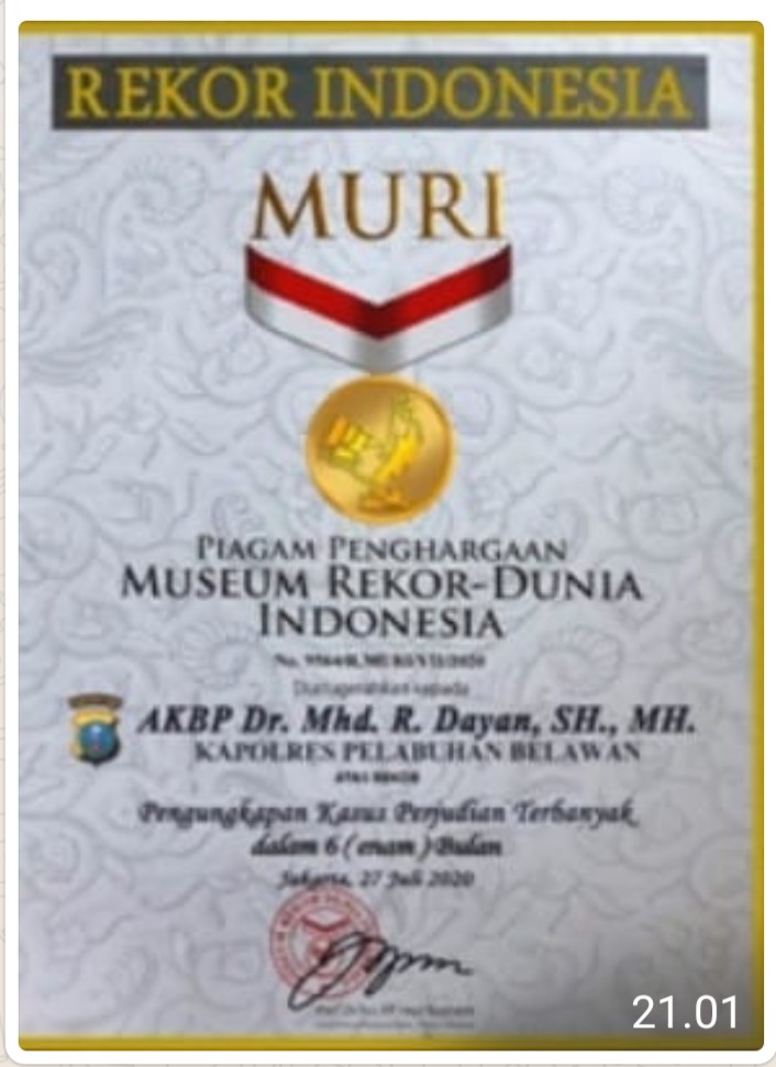 Polres Belawan Raih Penghargaan MURI Ungkap Kasus Perjudian Terbanyak Dalam 6 Bulan