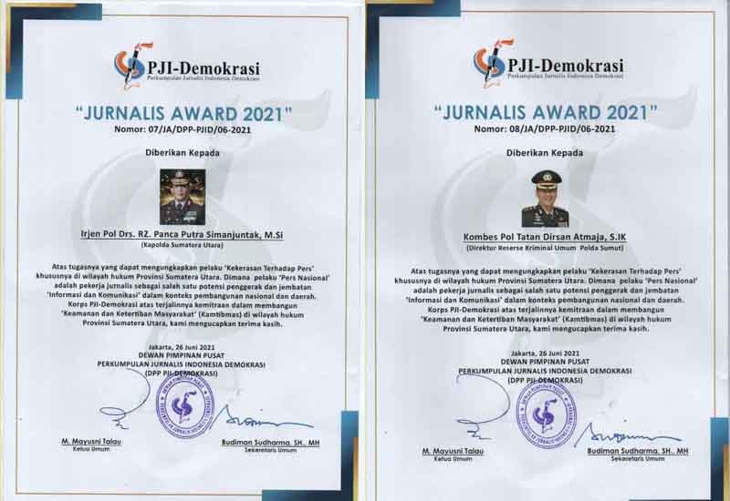 Cepat Ungkap Pembunuhan Wartawan, Irjen RZ Panca Putra S dan Kombes Tatan D Atmaja Dianugerahi Jurnalis Award 2021