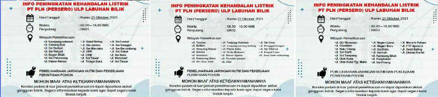 Diinformasikan!!! Esok Ada Tiga Penyulang Listrik di Labuhanbatu Akan Lakukan Pemadaman, Ini Daerahnya.