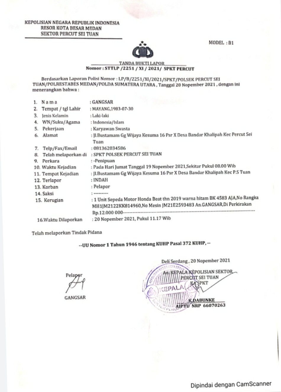 Korban Penipuan Modus Meminjam Sepeda Motor Berharap Polisi Tangkap Pelaku