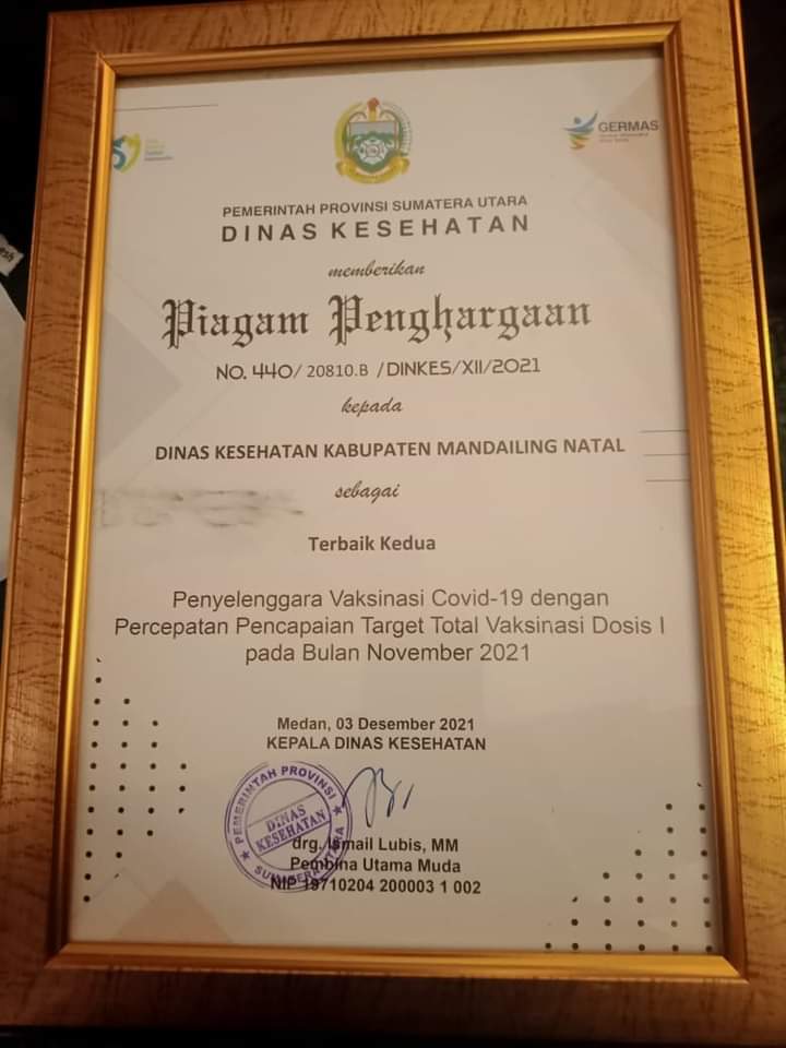 Kabupaten Madina Raih Penghargaan Penyelenggara Vaksinasi Terbaik II se-Sumut