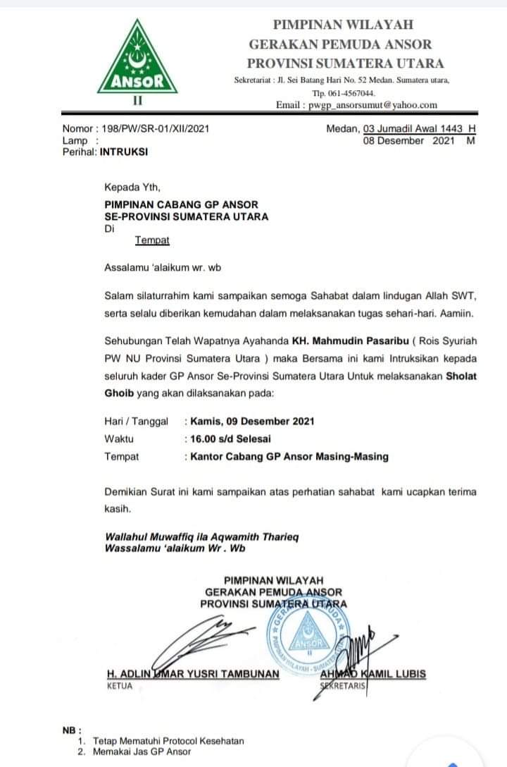 PW Gerakan Pemuda Ansor Sumut Instruksikan Sholat Ghoib Untuk Ayahanda KH Mahmudin Pasaribu