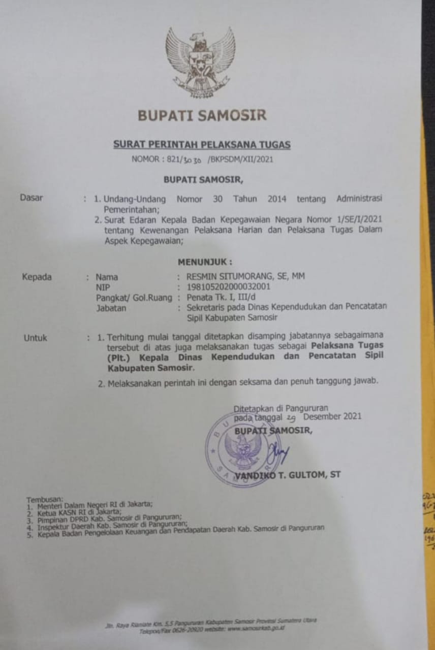 Surat Mendagri, Bupati Samosir diminta Segera Kembalikan JPT Kadisdukcapil