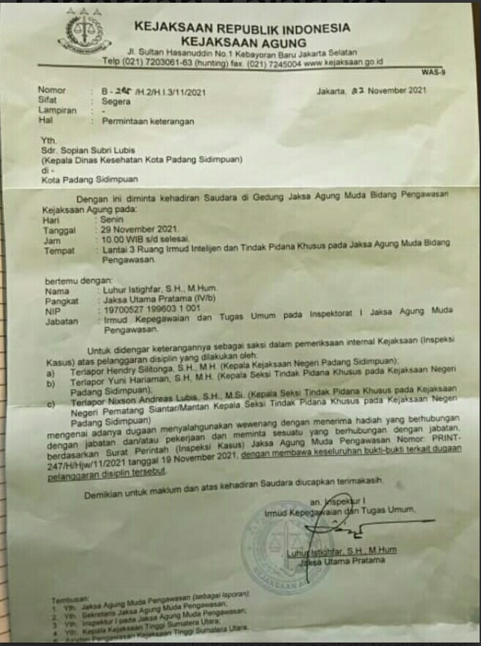 Kejari Sidempuan Diduga Lakukan Penyalahgunaan Wewenang,Sopian Sobri Diminta Keterangan