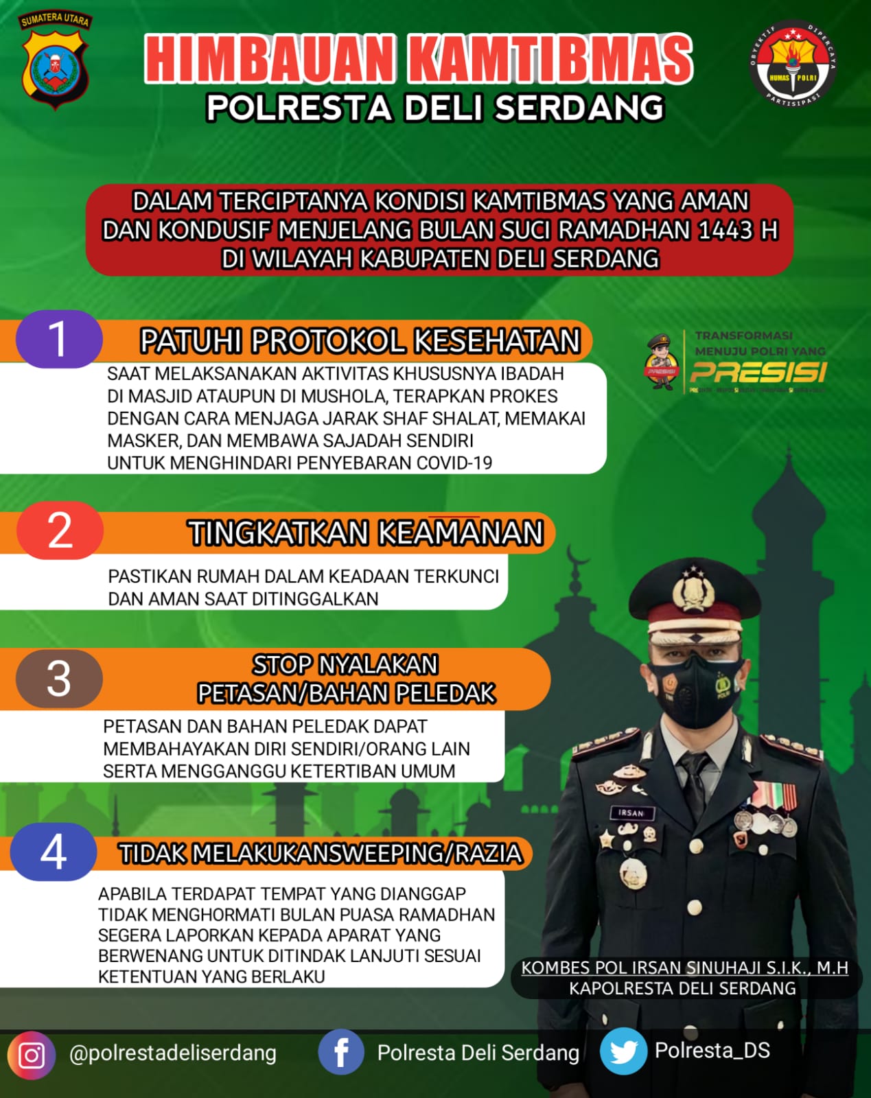 Kapolresta Deli Serdang  sampaikan Himbauan Kamtibmas menjelang bulan suci Ramadhan 1443 H, ini Isinya