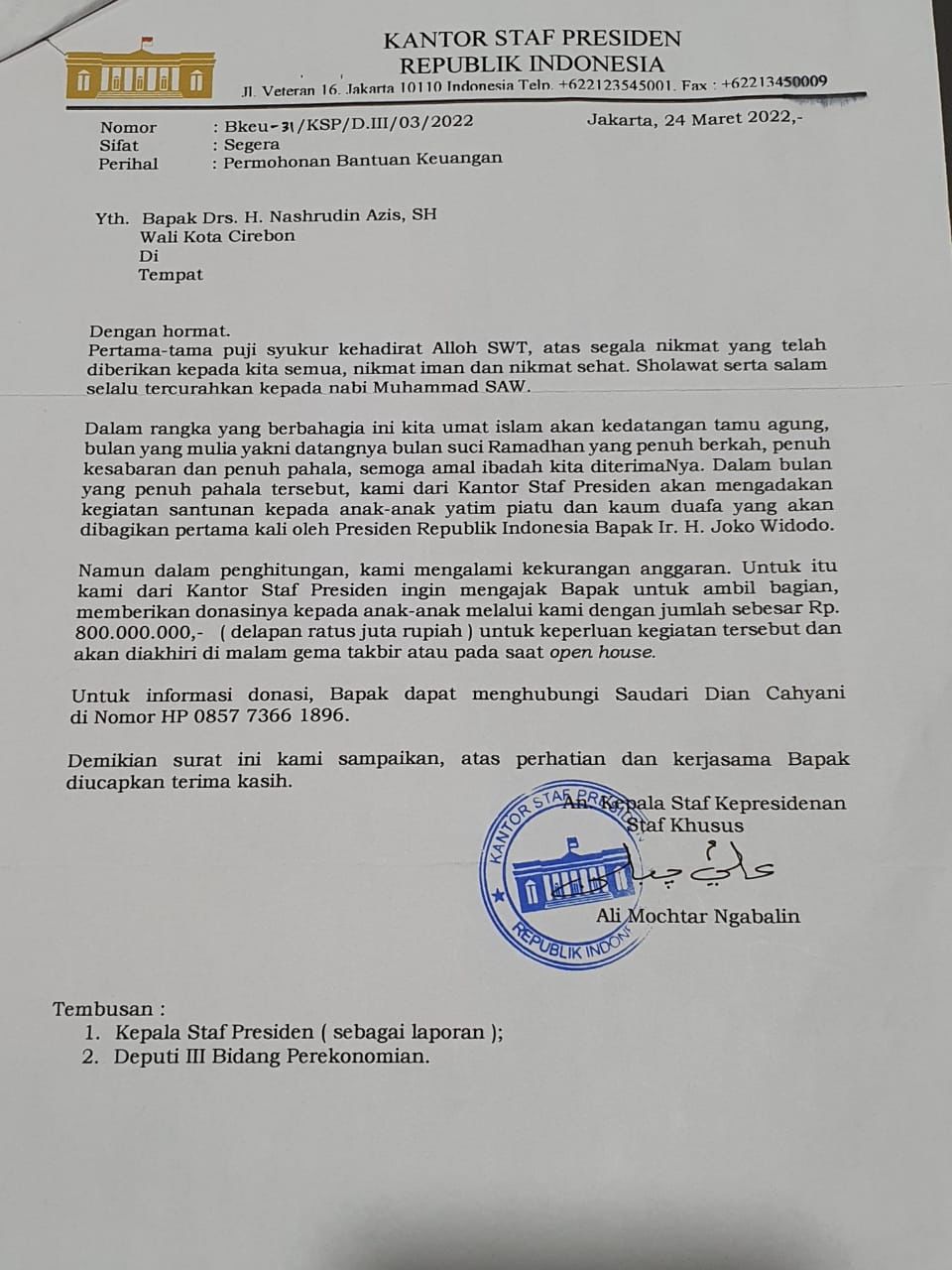 Beredar Surat Ali Mochtar Ngabalin Minta Sumbangan kepada Wali Kota Cirebon