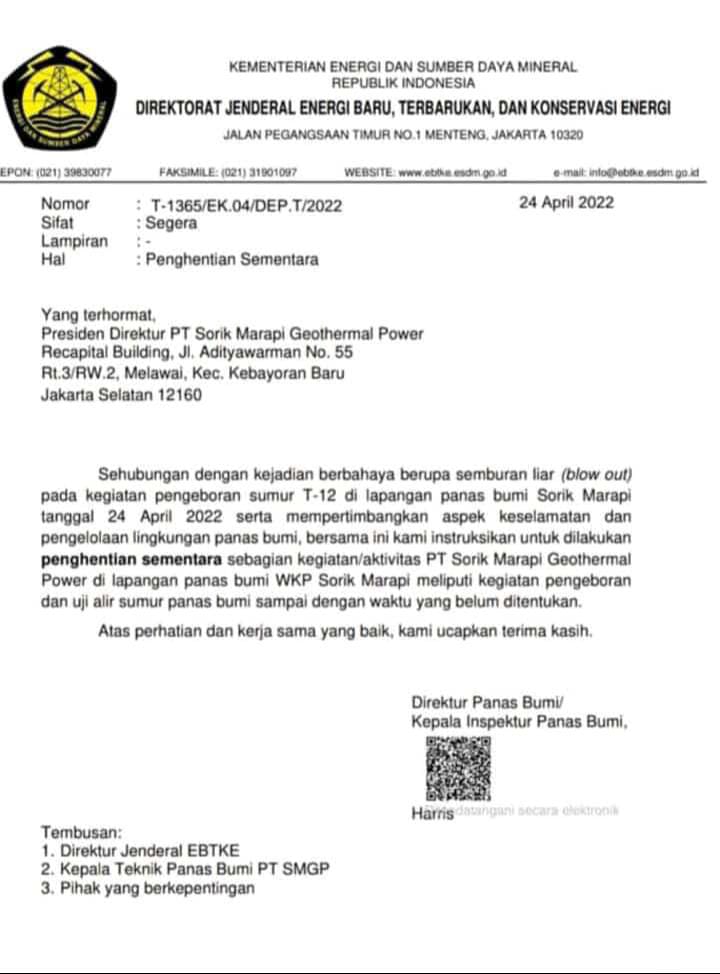 Beredar Surat Kementerian ESDM  Penghentian Sementara Aktivitas PT SMGP
