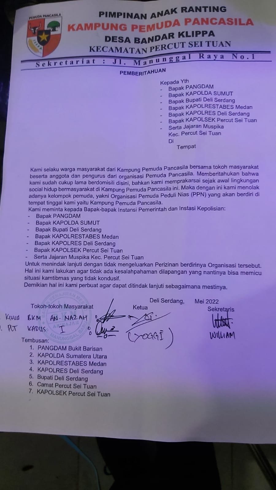 Warga Kampung Pemuda Pancasila Tolak Keberadaan Kelompok Pemuda PPN di Desa Bandar Klippa