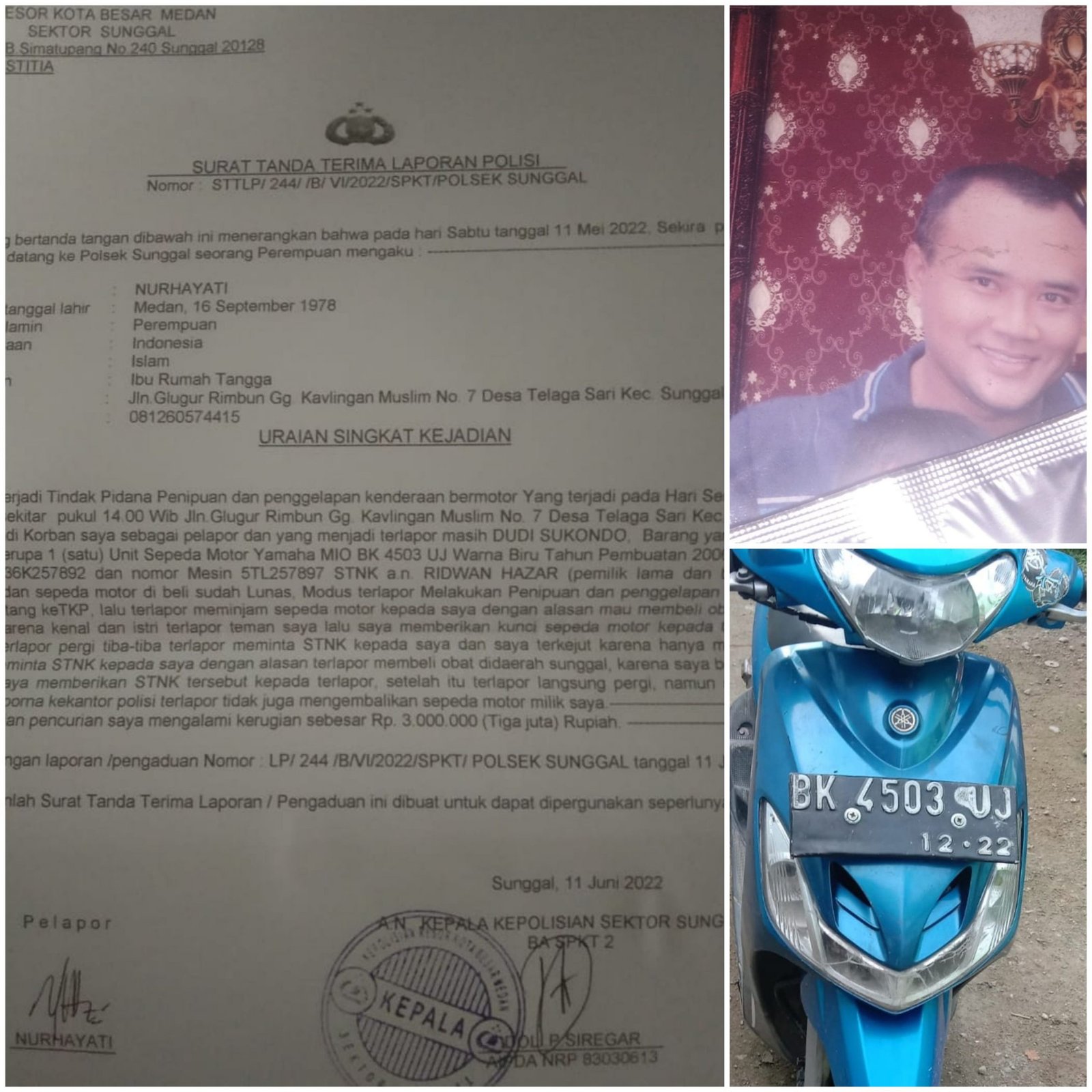 Polsek Sunggal Lanjuti Laporan Kasus Penggelapan Sepeda Motor Milik Nurhayati